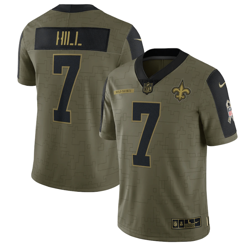 New Orleans Saints Taysom Hill 7 Nfl Olive 2021 Salute To Service Player Men Jersey For Saints Fans