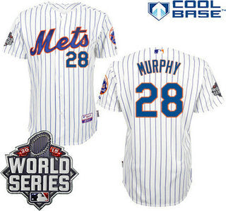 New York Mets Authentic 28 Daniel Murphy Home White Pinstripe 2015 World Series Patch Jersey