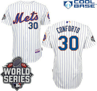 New York Mets Authentic 30 Michael Conforto Home White Pinstripe Jersey With 2015 World Series Participant Patch