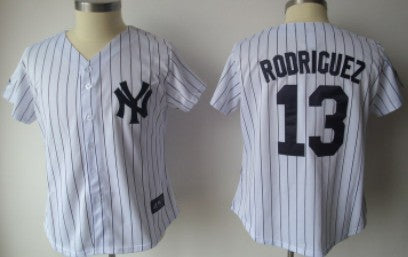 New York Yankees 13 Rodriguez White With Black Pinstripe Womens Jersey