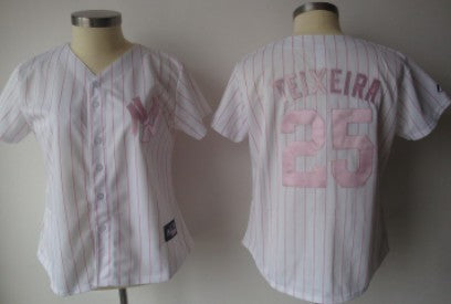 New York Yankees 25 Teixeira White With Pink Pinstripe Womens Jersey