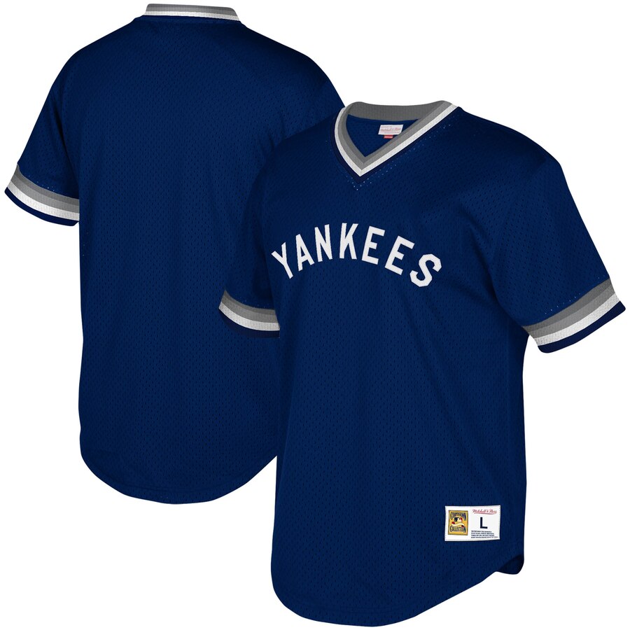 New York Yankees Mitchell Ness Youth Cooperstown Collection Mesh Wordmark V neck Jersey Navy