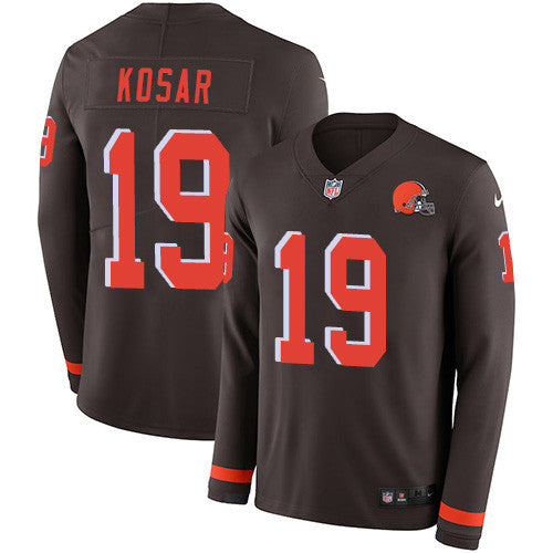 Nike Browns 19 Bernie Kosar Brown Team Color Mens Stitched Nfl Limited Therma Long Sleeve Jersey