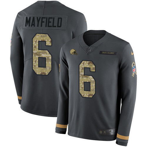 Nike Browns 6 Baker Mayfield Anthracite Salute To Service Mens Stitched Nfl Limited Therma Long Sleeve Jersey