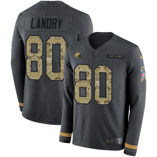 Nike Browns 80 Jarvis Landry Anthracite Salute To Service Mens Stitched Nfl Limited Therma Long Sleeve Jersey