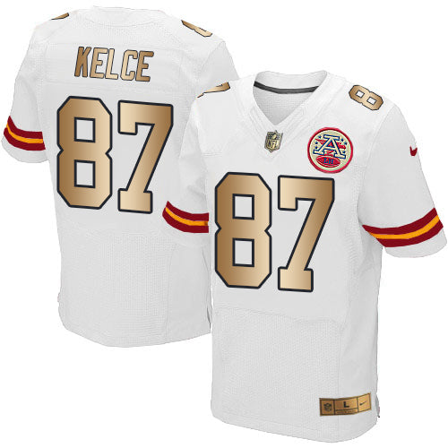 Nike Chiefs 87 Travis Kelce White Mens Stitched Nfl Elite Gold Jersey