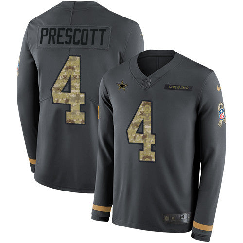 Nike Cowboys 4 Dak Prescott Anthracite Salute To Service Mens Stitched Nfl Limited Therma Long Sleeve Jersey