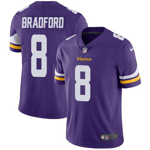 Nike Minnesota Vikings 8 Sam Bradford Purple Team Color Mens Stitched Nfl Vapor Untouchable Limited Jersey