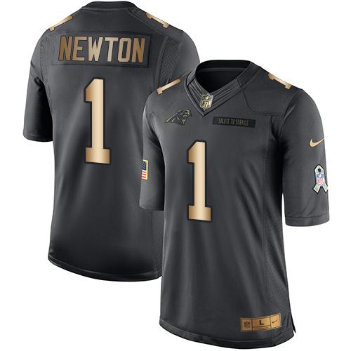 Nike Panthers 1 Cam Newton Black Mens Stitched Nfl Limited Gold Salute To Service Jersey