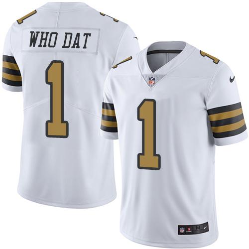 Nike Saints 1 Who Dat White Mens Stitched Nfl Limited Rush Jersey