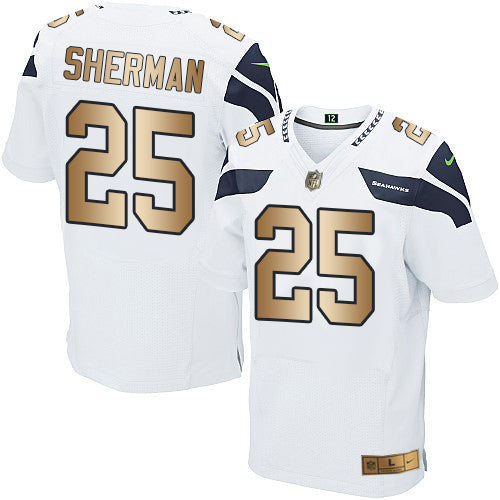 Nike Seahawks 25 Richard Sherman White Mens Stitched Nfl Elite Gold Jersey