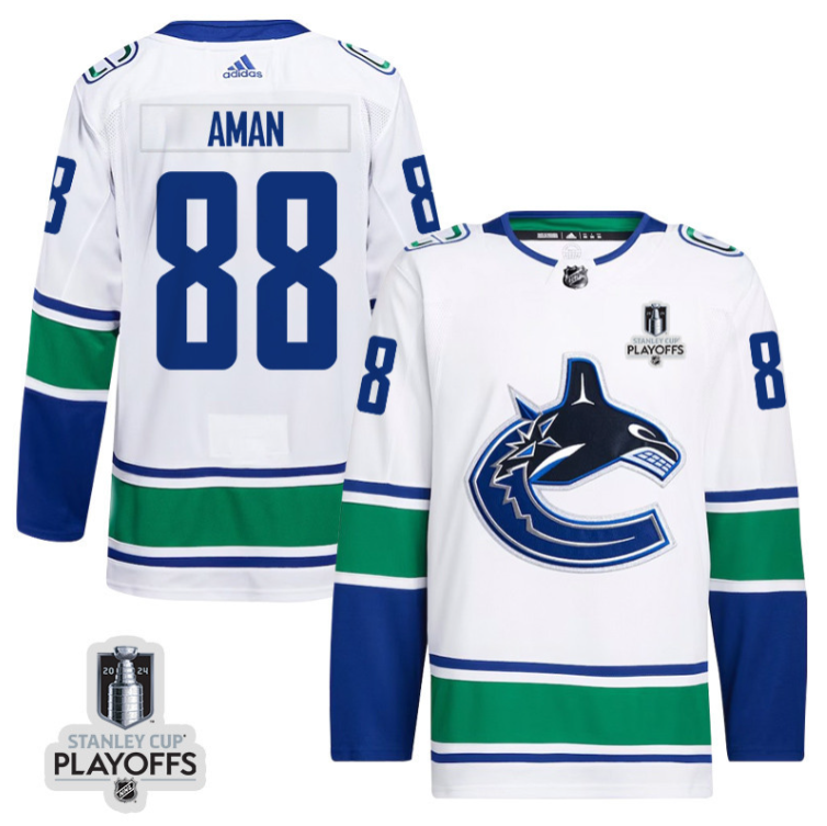 Nils Aman 88 Vancouver Canucks 2024 NHL Playoffs Patch Away Jersey Men, White