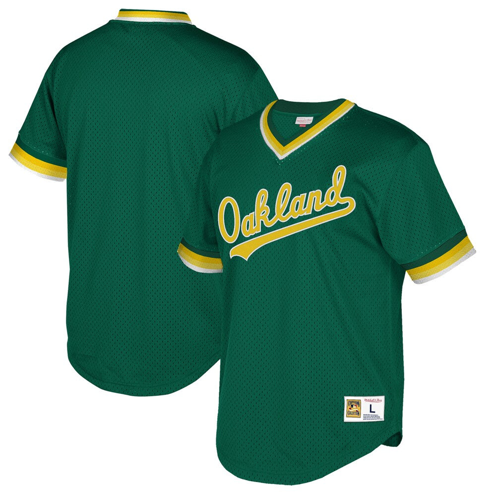 Oakland Athletics Mitchell Ness Cooperstown Collection Mesh Wordmark V neck Jersey Green