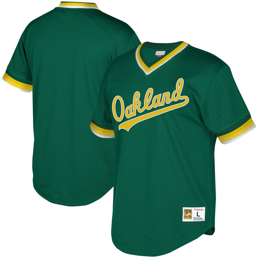 Oakland Athletics Mitchell Ness Youth Cooperstown Collection Mesh Wordmark V neck Jersey Green