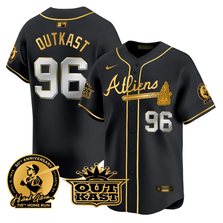 OutKast Jersey #96 Atlanta Braves Atliens Hank Aaron Patch Limited Stitched Blac