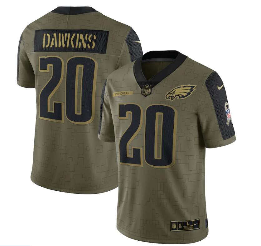 Philadelphia Eagles Brian Dawkins 20 Nfl Olive 2021 Salute To Service Retired Player Men Jersey For Eagles Fans