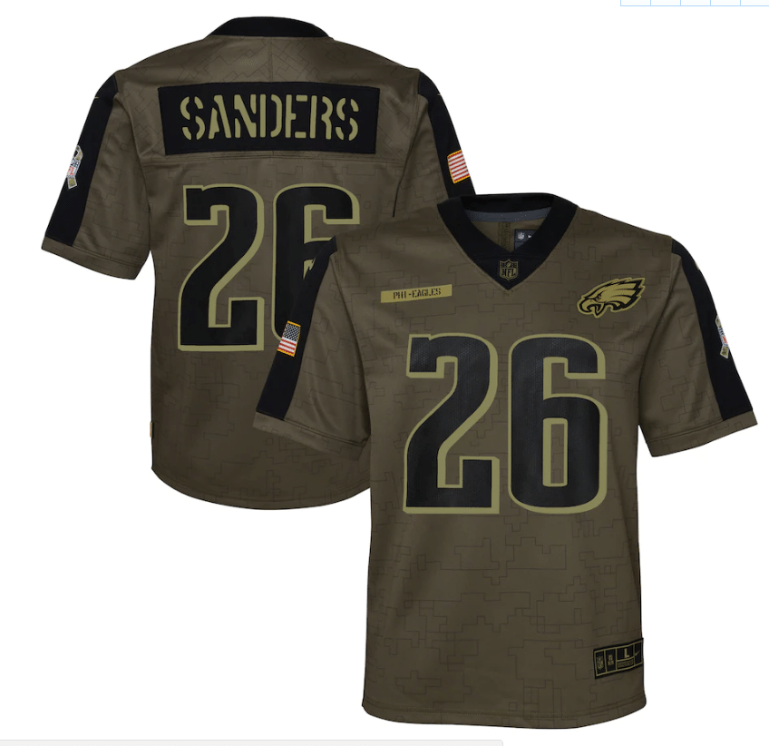 Philadelphia Eagles Miles Sanders 26 Nfl Olive 2021 Salute To Service Game Men Jersey For Eagles Fans