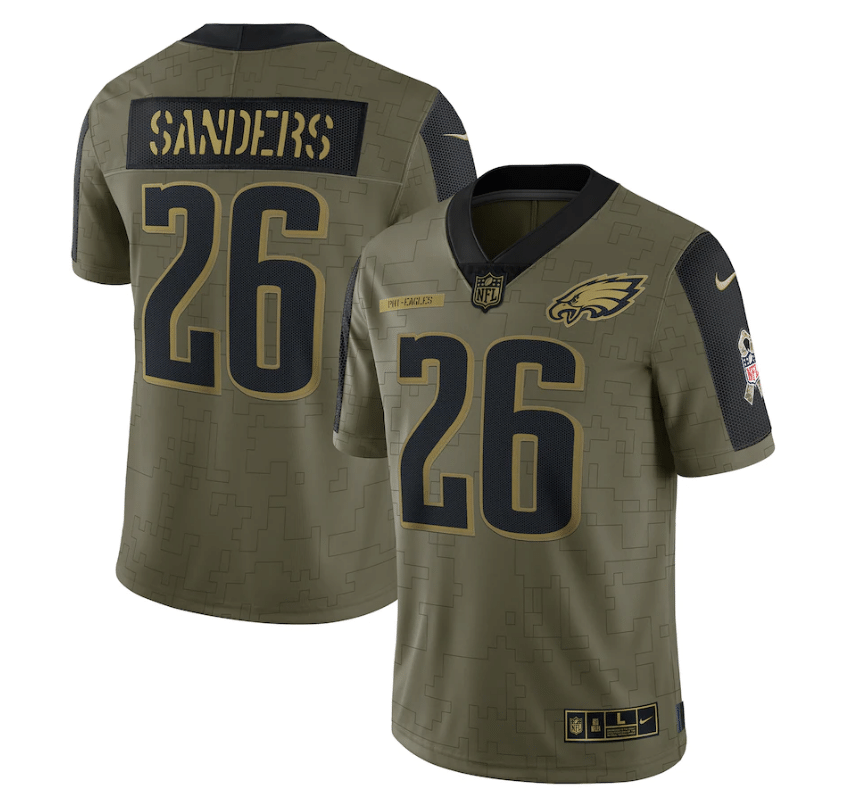 Philadelphia Eagles Miles Sanders 26 Nfl Olive 2021 Salute To Service Retired Player Men Jersey For Eagles Fans