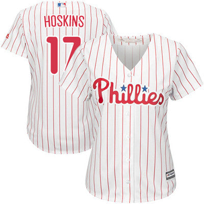 Philadelphia Phillies 17 Rhys Hoskins Whitered Strip Home Womens Stitched Mlb Jersey
