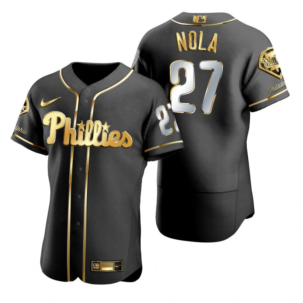 Philadelphia Phillies 27 Aaron Nola Mlb Golden Brandedition Black Jersey Gift For Phillies Fans