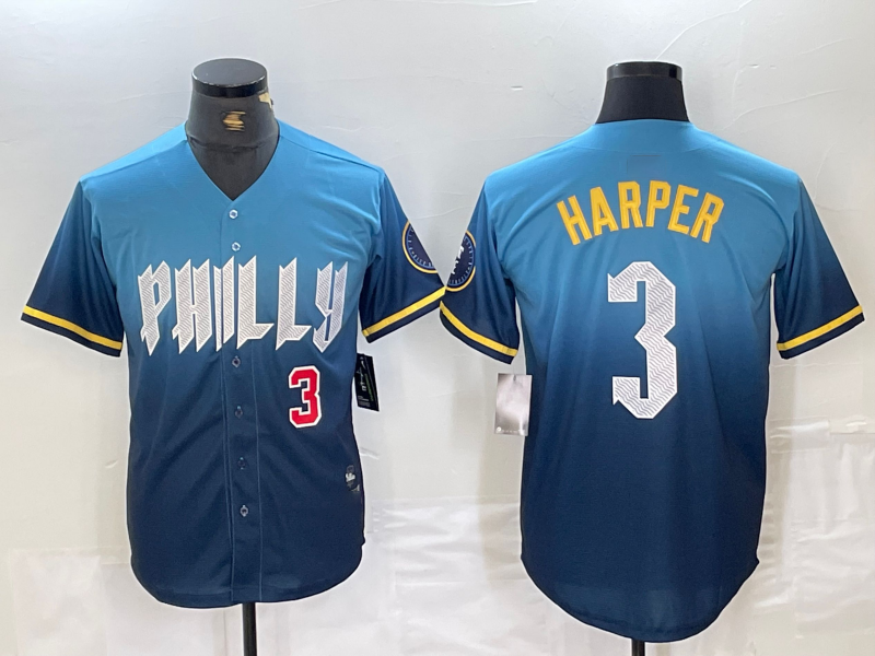 Philadelphia Phillies #3 Bryce Harper Number Blue 2024 City Connect Limited Stit