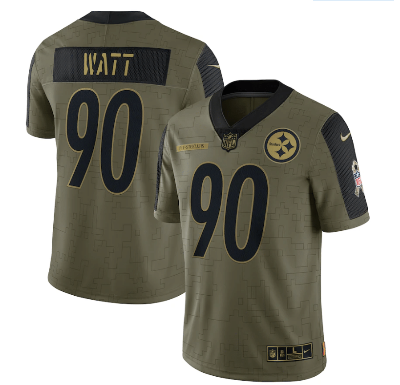 Pittsburgh Steelers Tj Watt 90 Nfl Olive 2021 Salute To Service Player Men Jersey For Steelers Fans