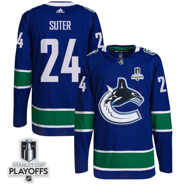 Pius Suter 24 Vancouver Canucks 2024 NHL Playoffs Patch Home Jersey Men, Blue