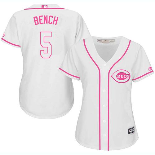 Reds 5 Johnny Bench White Pink Fashion Womens Stitched Baseball Jersey