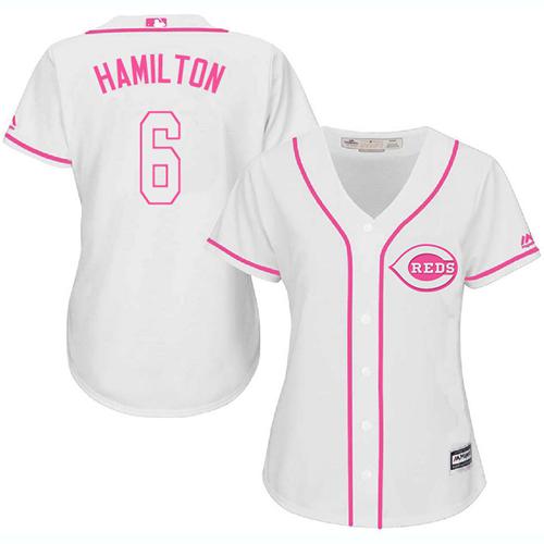 Reds 6 Billy Hamilton White Pink Fashion Womens Stitched Baseball Jersey