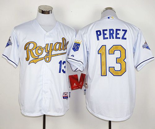 Royals 13 Salvador Perez White 2015 World Series Champions Gold Program Stitched Mlb Jersey