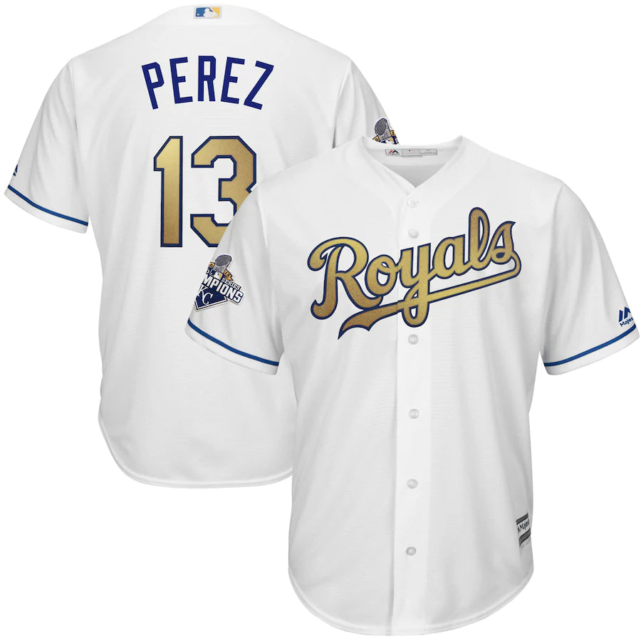 Salvador Perez Kansas City Royals Majestic World Series Champions Gold Program Cool Base Player Jersey White