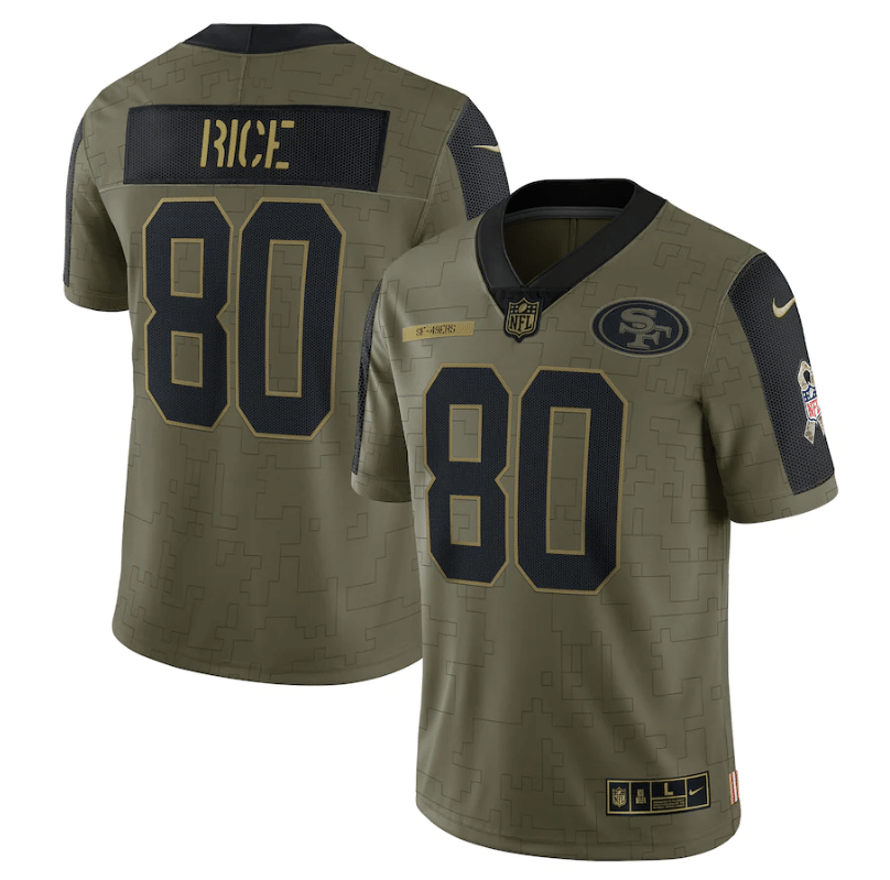 San Francisco 49ers Jerry Rice 90 Nfl Olive 2021 Salute To Service Retired Player Men Jersey For 49ers Fans