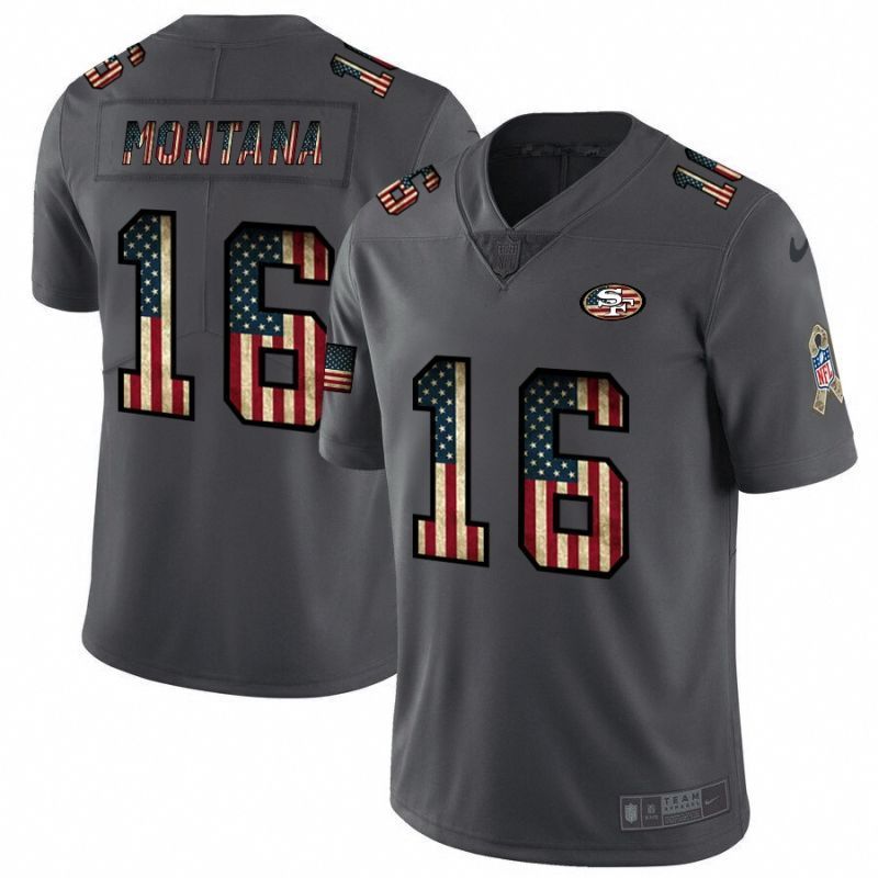 San Francisco 49ers Joe Montana 16 American Flag 2020 Nfl Grey Jersey Jersey