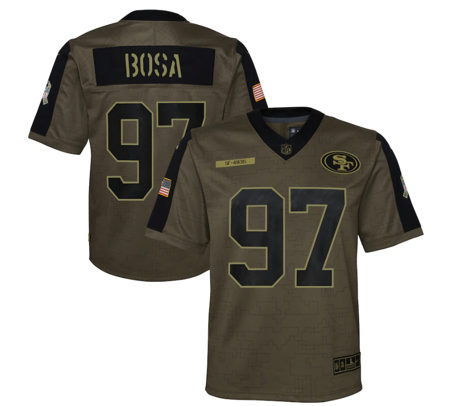 San Francisco 49ers Nick Bosa 97 Nfl Olive 2021 Salute To Service Game Men Jersey For 49ers Fans