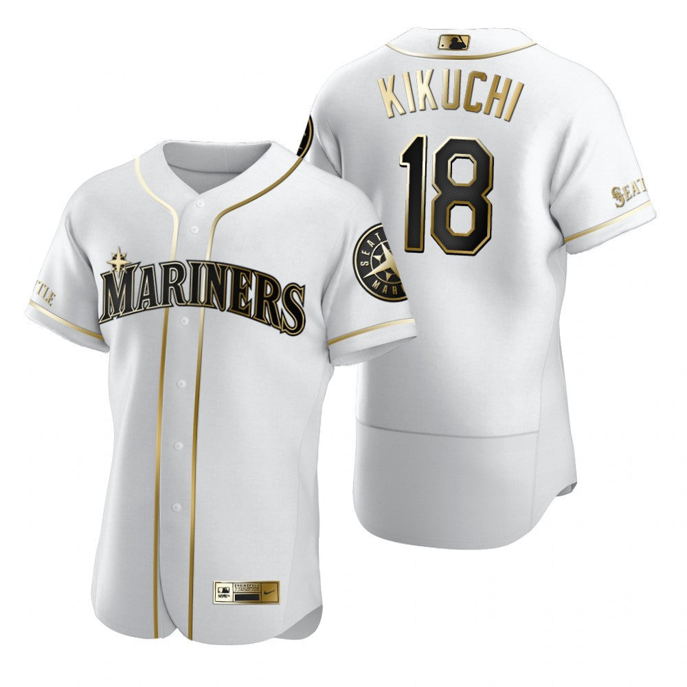 Seattle Mariners 18 Yusei Kikuchi Mlb Golden Brandedition White Jersey Gift For Mariners Fans