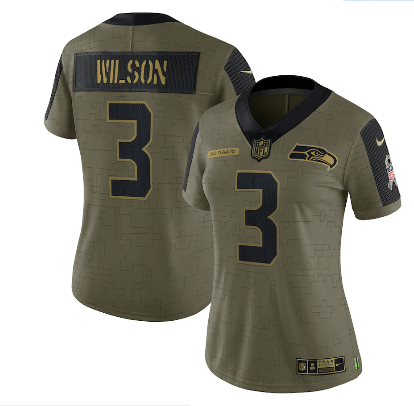 Seattle Seahawks Russell Wilson 3 Nfl Olive 2021 Salute To Service Retired Player Women Jersey For Seahawks Fans