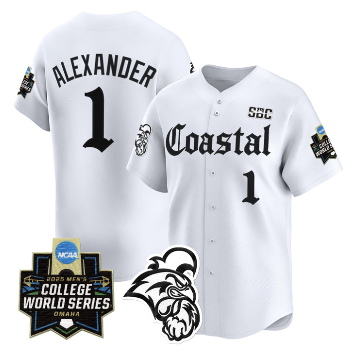 Sebastian Alexander Jersey #1 Coastal Carolina 2025 World Series Gothic White