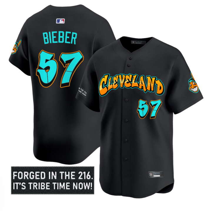 Shane Bieber Jersey #57 Cleveland Indians Graffiti 216 Ink Edition Black