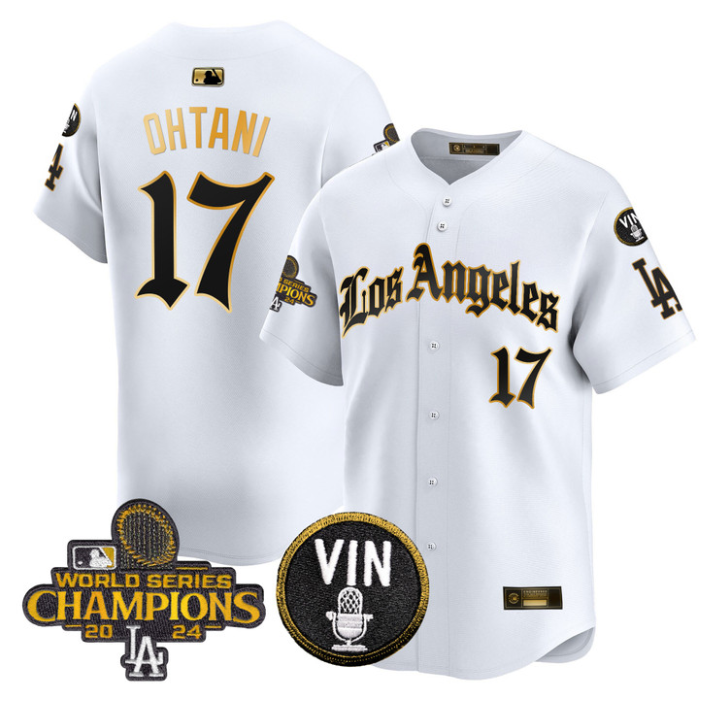 Shohei Ohtani Jersey #17 Dodgers 2025 LA Gothic Style Gold Stitched White Gold