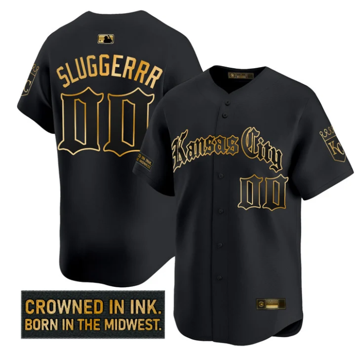 Sluggerrr Jersey #00 Kansas City Royals Gothic Crown Edition Stitched Black Gold