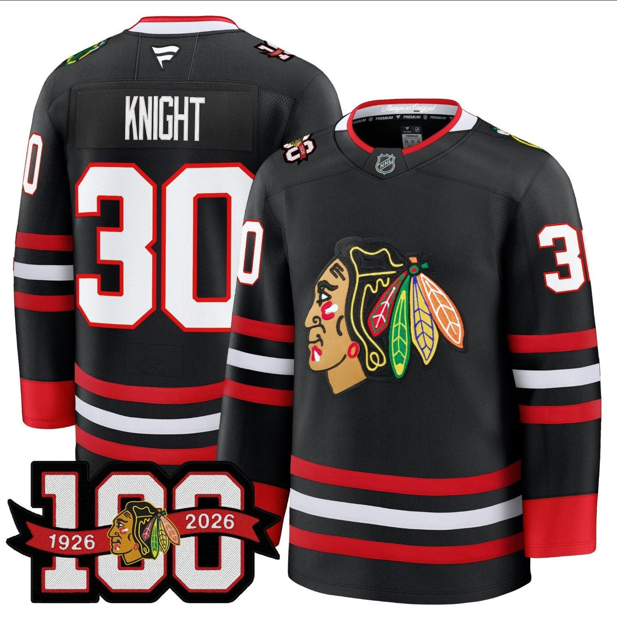 Spencer Knight Jersey #30 Chicago Blackhawks 2025-26 Premium 100th Stitched