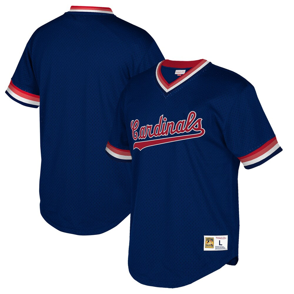 St Louis Cardinals Mitchell Ness Cooperstown Collection Mesh Wordmark V neck Jersey Navy