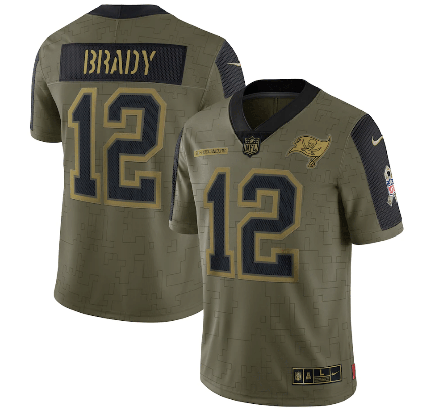 Tampa Bay Buccaneers Tom Brady 12 Nfl Olive 2021 Salute To Service Retired Player Men Jersey For Buccaneers Fans