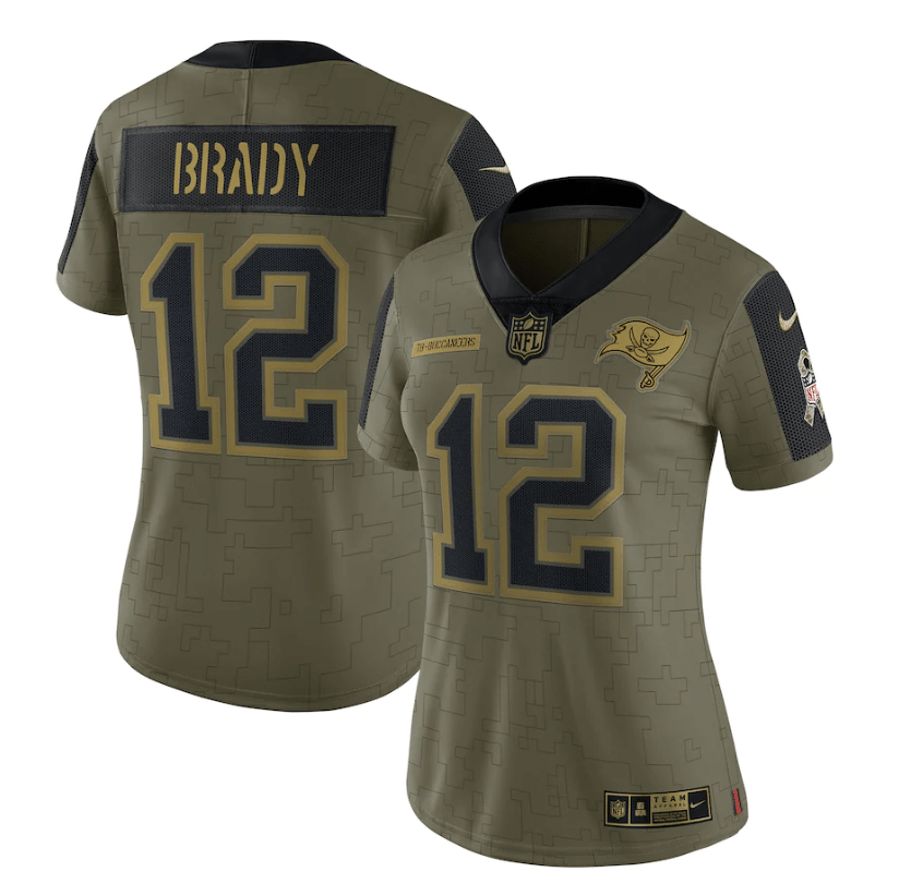 Tampa Bay Buccaneers Tom Brady 12 Nfl Olive 2021 Salute To Service Retired Player Women Jersey For Buccaneers Fans