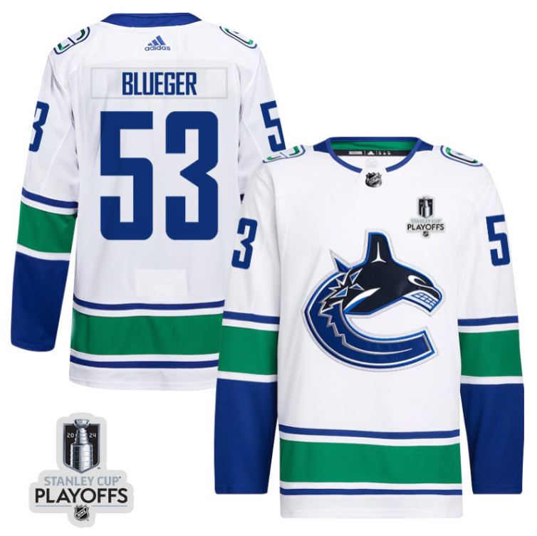 Teddy Blueger 53 Vancouver Canucks 2024 NHL Playoffs Patch Away Jersey Men, Wh