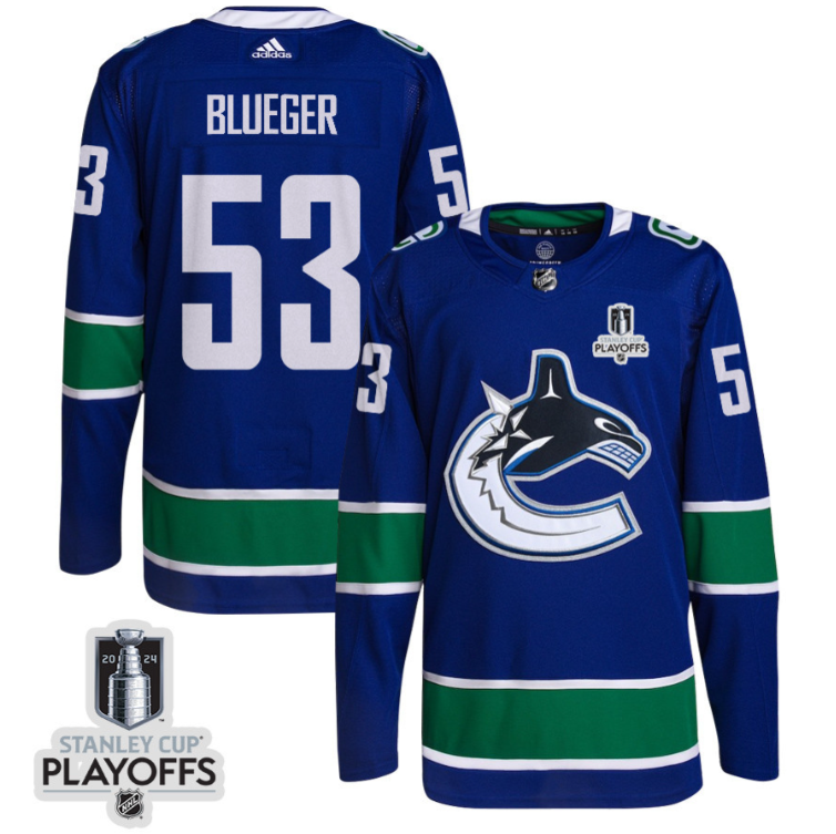 Teddy Blueger 53 Vancouver Canucks 2024 NHL Playoffs Patch Home Jersey Men, Bl