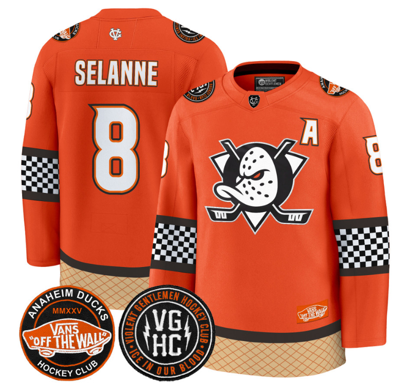 Teemu Selnne Jersey #8 Anaheim Ducks Checkerboard 2025 Premium Stitched Orange