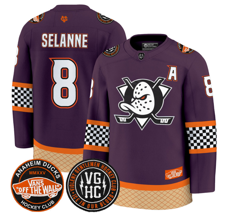 Teemu Selnne Jersey #8 Anaheim Ducks Checkerboard 2025 Premium Stitched Purple