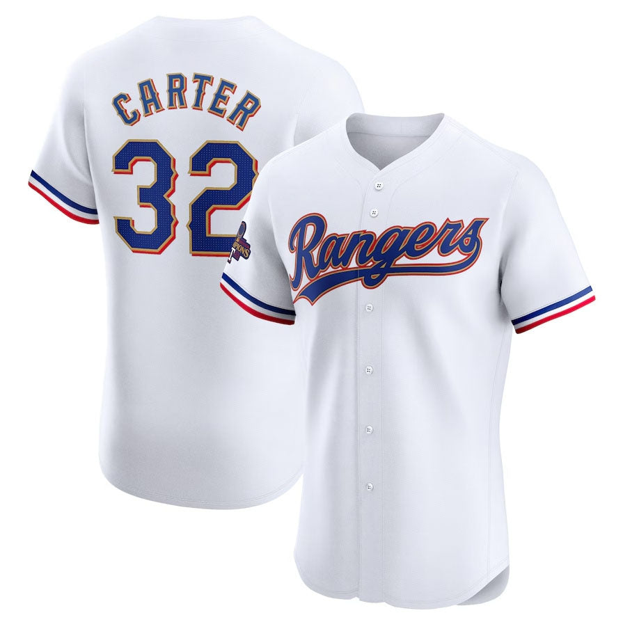 Texas Rangers #32 Evan Carter 2024 Gold Collection Elite Player Jersey White Ba