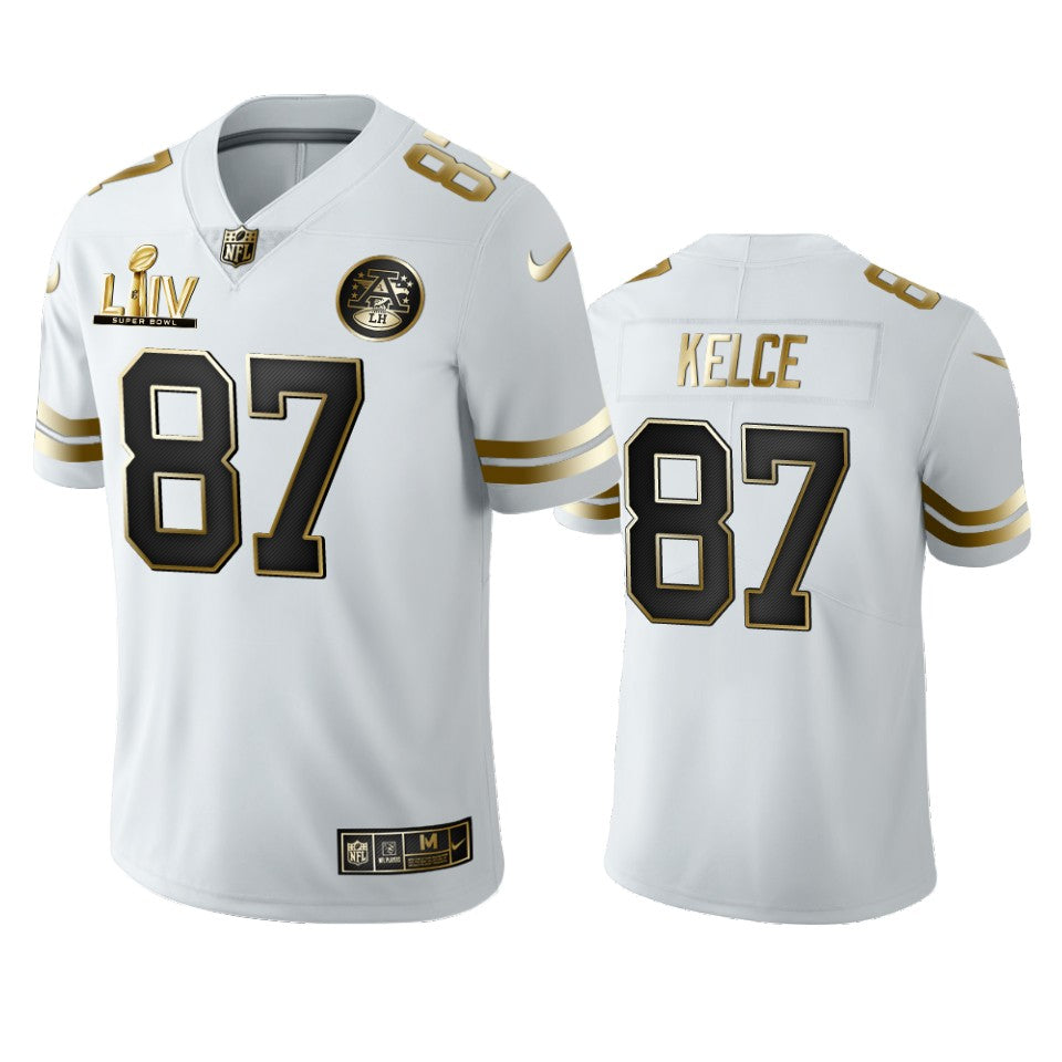 Travis Kelce Chiefs White Super Bowl Liv Golden Edition Jersey
